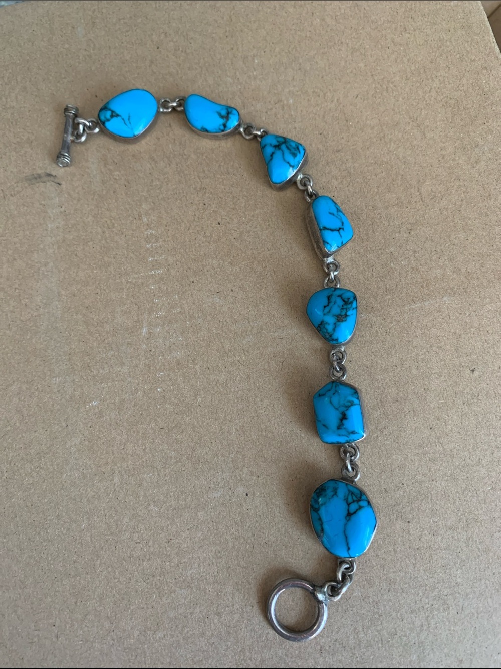 Turquoise Stone Bracelet stamped sterling silver - Bright Blue